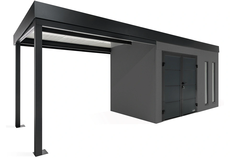 GARDEON® Gartenhaus mit doppelten Hörmann-Türen, zwei Lichtbändern und überdachtem Bereich