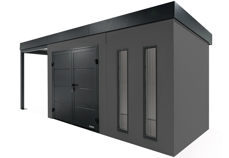 GARDEON® Gartenhaus mit doppelten Hörmann-Türen, zwei Lichtbändern und überdachtem Bereich