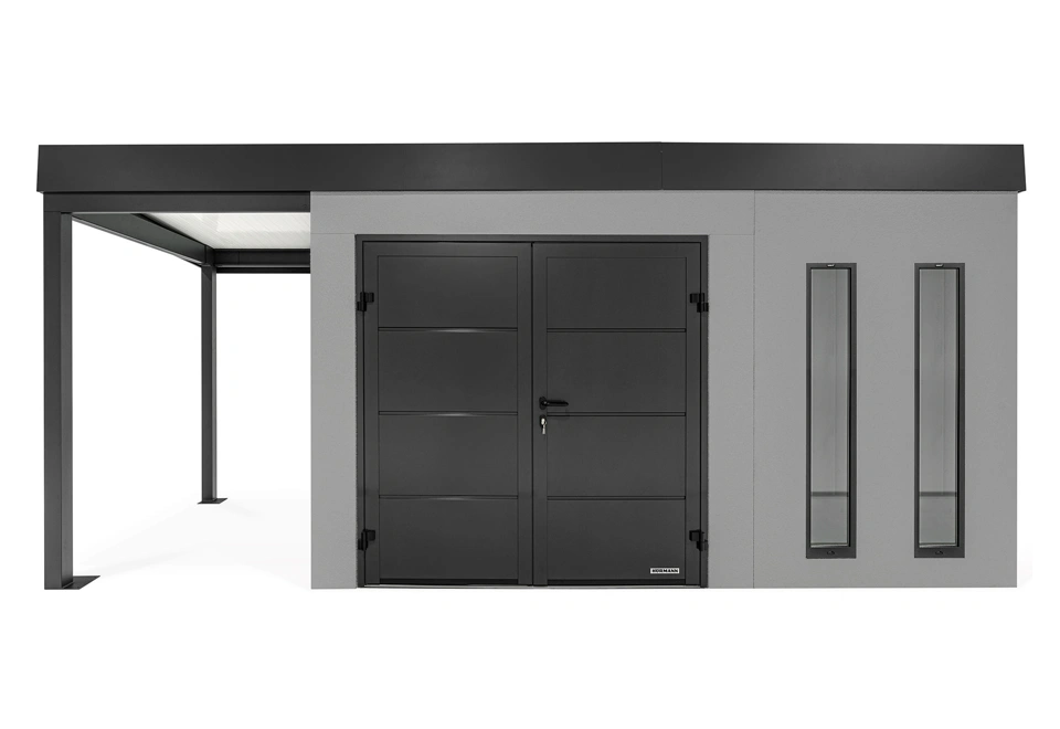 GARDEON® Gartenhaus mit doppelten Hörmann-Türen, zwei Lichtbändern und überdachtem Bereich