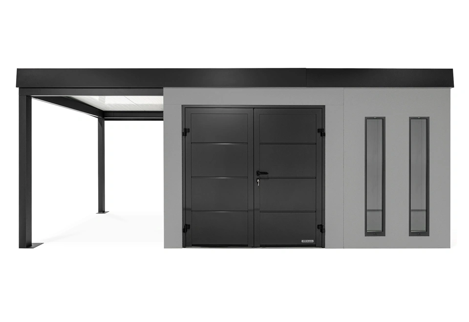 GARDEON® Gartenhaus mit doppelten Hörmann-Türen, zwei Lichtbändern und überdachtem Bereich