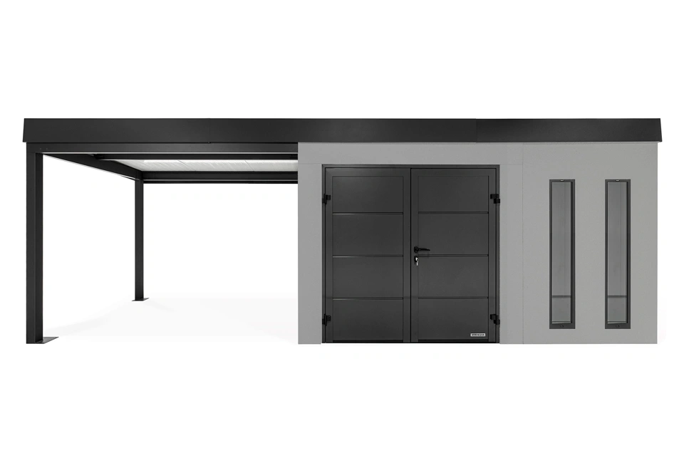 GARDEON® Gartenhaus mit doppelten Hörmann-Türen, zwei Lichtbändern und überdachtem Bereich