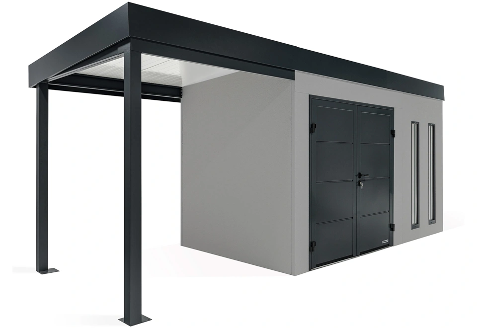 GARDEON® Gartenhaus mit doppelten Hörmann-Türen, zwei Lichtbändern und überdachtem Bereich