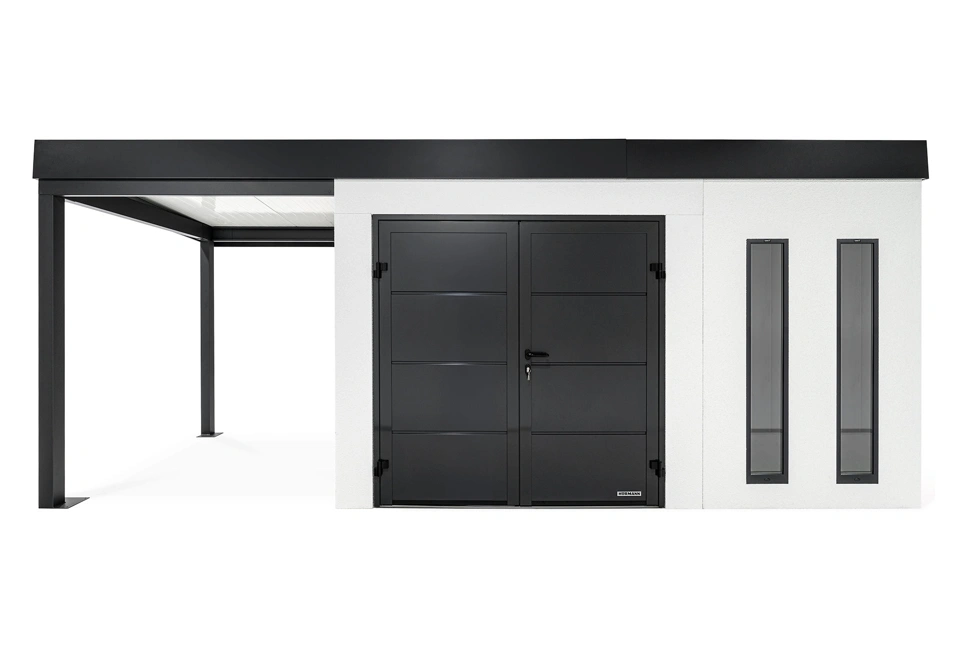 GARDEON® Gartenhaus mit doppelten Hörmann-Türen, zwei Lichtbändern und überdachtem Bereich