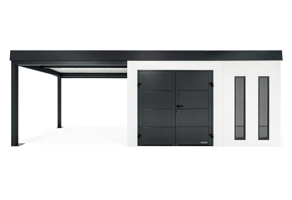 GARDEON® Gartenhaus mit doppelten Hörmann-Türen, zwei Lichtbändern und überdachtem Bereich