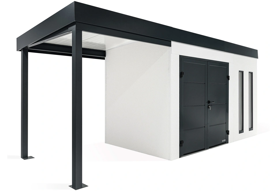 GARDEON® Gartenhaus mit doppelten Hörmann-Türen, zwei Lichtbändern und überdachtem Bereich