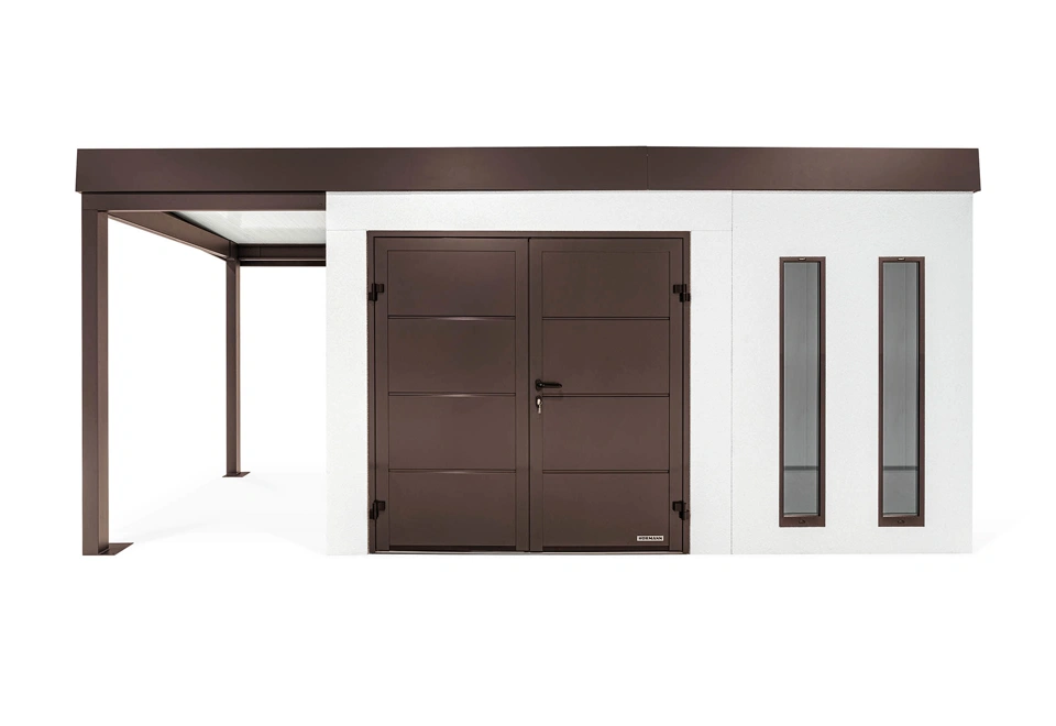 GARDEON® Gartenhaus mit doppelten Hörmann-Türen, zwei Lichtbändern und überdachtem Bereich