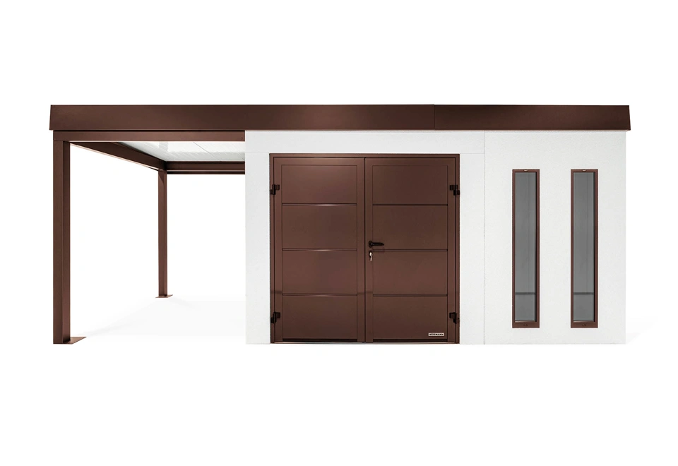 GARDEON® Gartenhaus mit doppelten Hörmann-Türen, zwei Lichtbändern und überdachtem Bereich