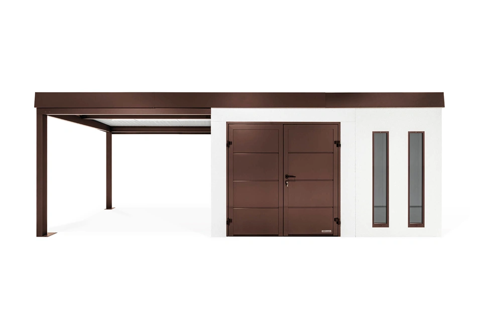 GARDEON® Gartenhaus mit doppelten Hörmann-Türen, zwei Lichtbändern und überdachtem Bereich