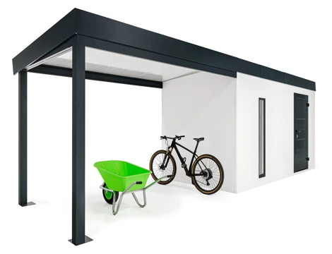 GARDEON® Gartenhaus mit Hörmann-Tür, Lichtband und überdachtem Bereich GARDEON® Gartenhaus mit Hörmann-Tür, Lichtband und überdachtem Bereich