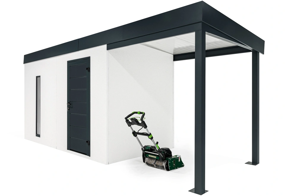GARDEON® Gartenhaus mit Hörmann-Tür, Lichtband und überdachtem Bereich