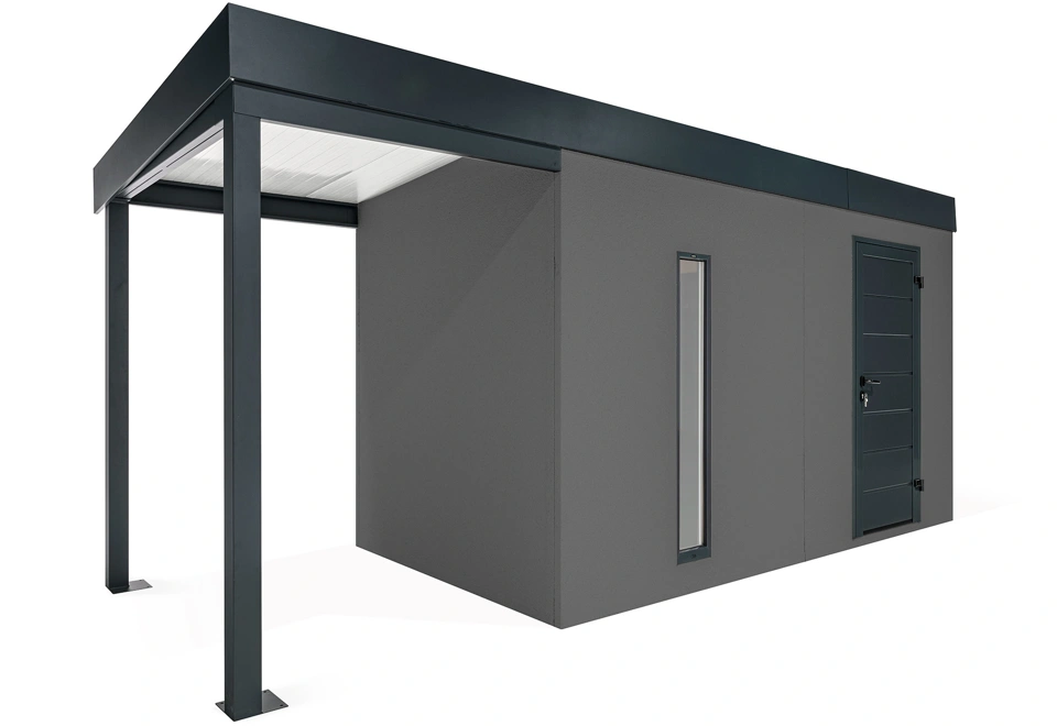 GARDEON® Gartenhaus mit Hörmann-Tür, Lichtband und überdachtem Bereich