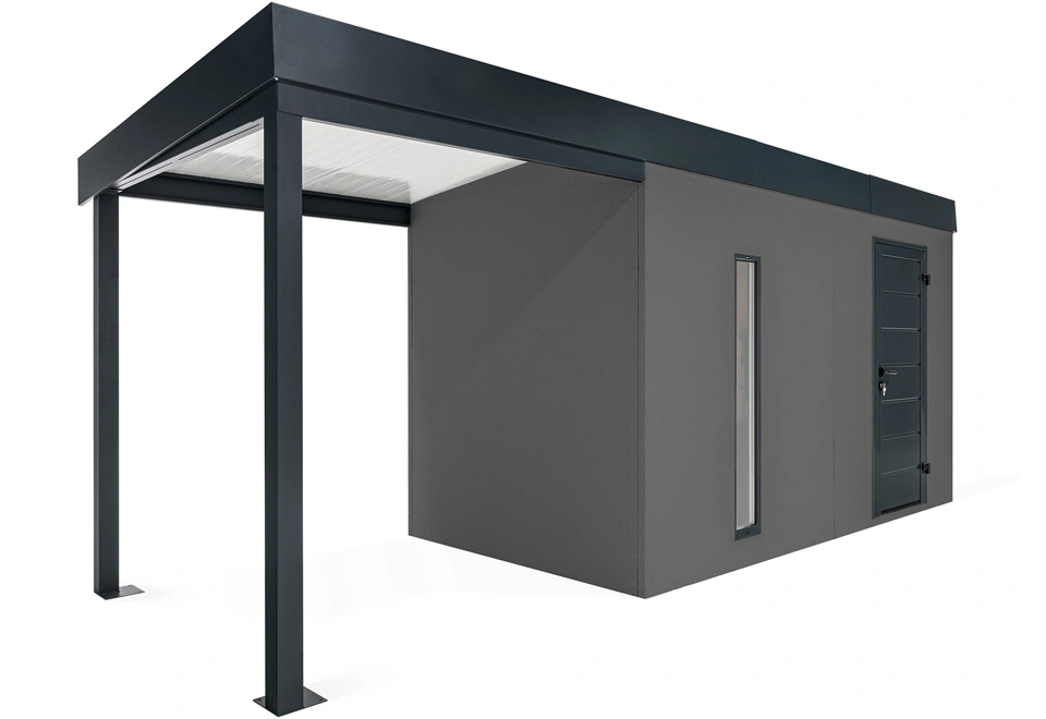 GARDEON® Gartenhaus mit Hörmann-Tür, Lichtband und überdachtem Bereich