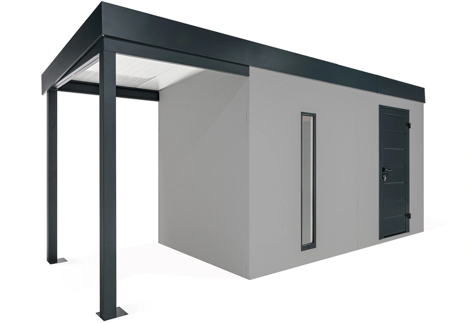 GARDEON® Gartenhaus mit Hörmann-Tür, Lichtband und überdachtem Bereich