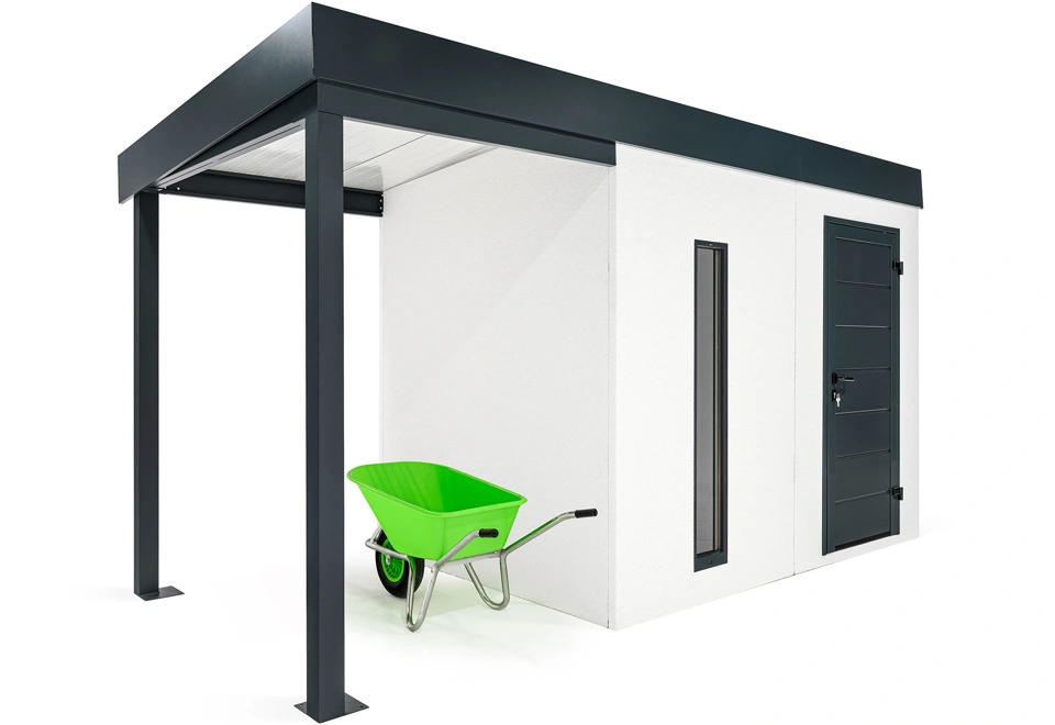 GARDEON® Gartenhaus mit Hörmann-Türen, Lichtband und überdachtem Bereich