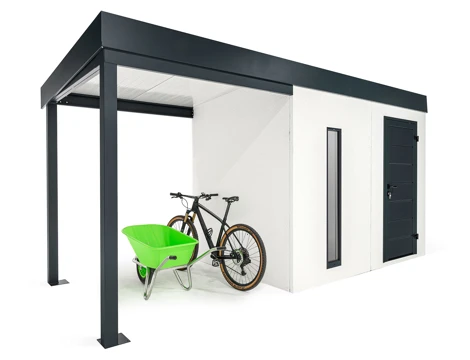 GARDEON® Gartenhaus mit Hörmann-Türen, Lichtband und überdachtem Bereich GARDEON® Gartenhaus mit Hörmann-Türen, Lichtband und überdachtem Bereich