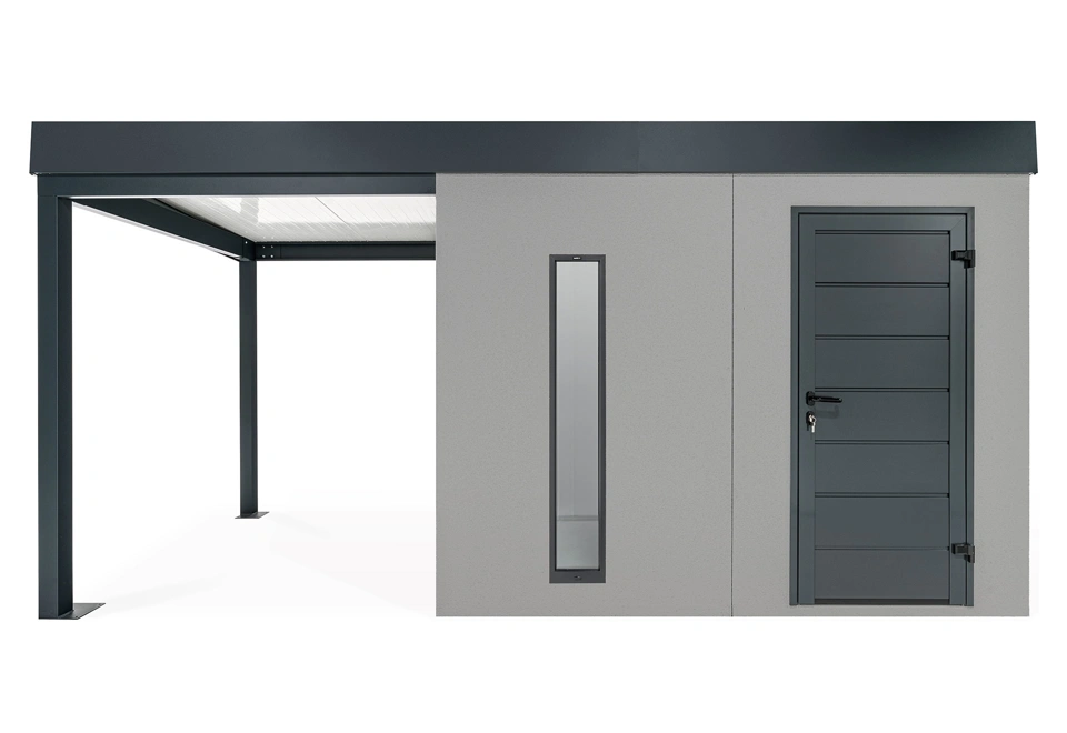 GARDEON® Gartenhaus mit Hörmann-Türen, Lichtband und überdachtem Bereich