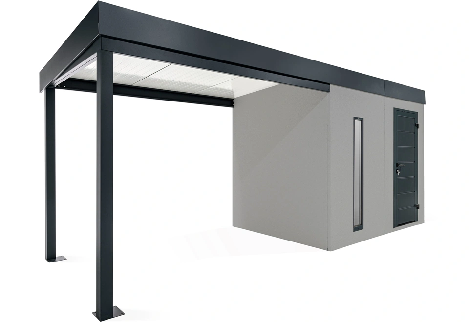 GARDEON® Gartenhaus mit Hörmann-Türen, Lichtband und überdachtem Bereich