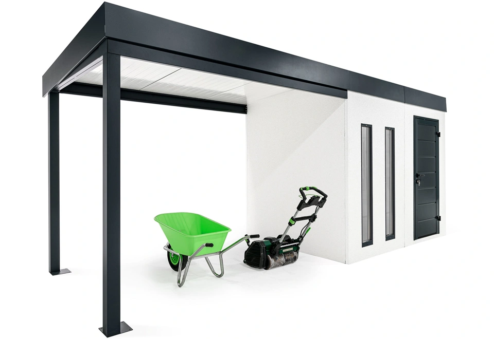 GARDEON® Gartenhaus mit Hörmann-Türen, zwei Lichtbändern und überdachtem Bereich
