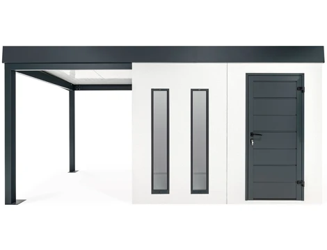 GARDEON® Gartenhaus mit Hörmann-Türen, zwei Lichtbändern und überdachtem Bereich GARDEON® Gartenhaus mit Hörmann-Türen, zwei Lichtbändern und überdachtem Bereich