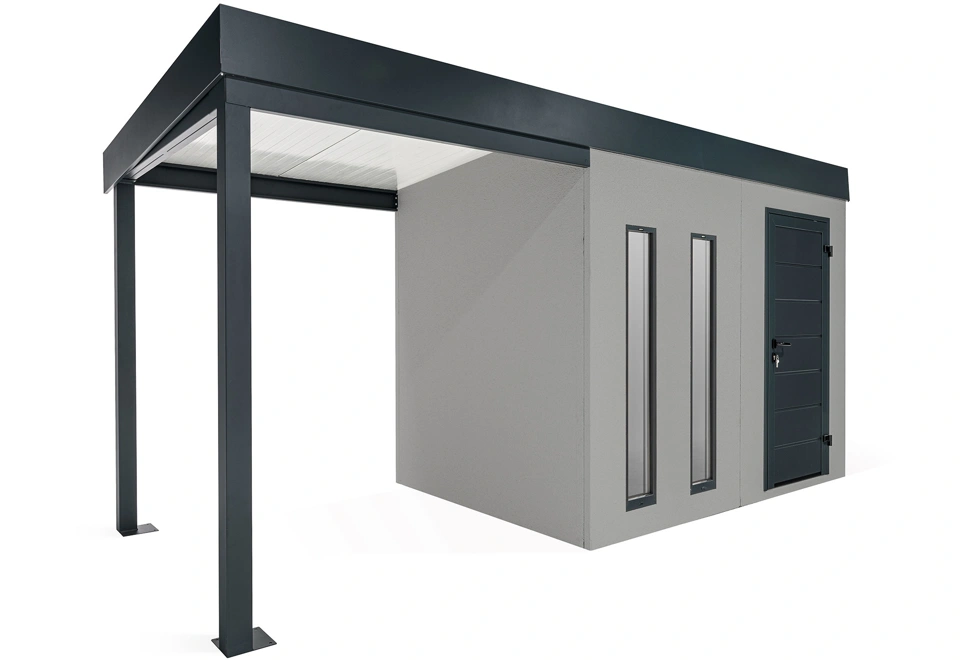 GARDEON® Gartenhaus mit Hörmann-Türen, zwei Lichtbändern und überdachtem Bereich