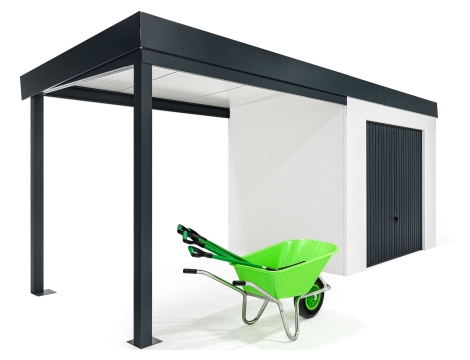 GARDEON® Gartenhaus mit sicherer Garagentür von Hörmann und überdachtem Bereich