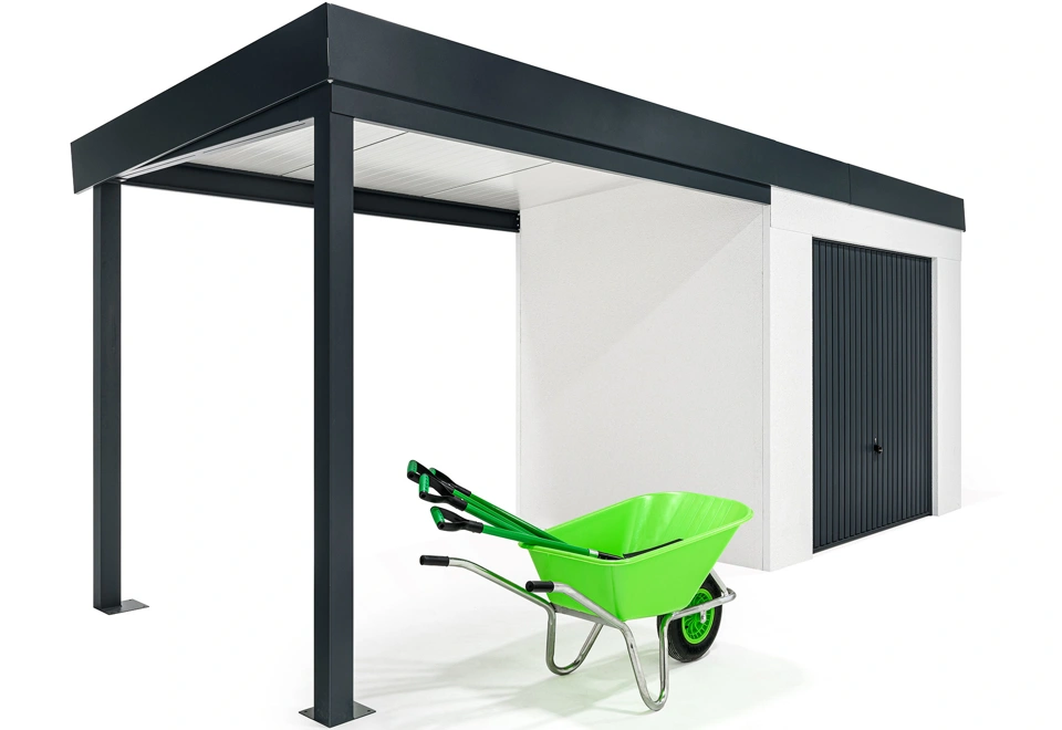 GARDEON® Gartenhaus mit sicherer Garagentür von Hörmann und überdachtem Bereich