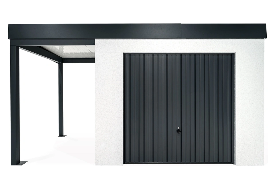 GARDEON® Gartenhaus mit sicherer Garagentür von Hörmann und überdachtem Bereich