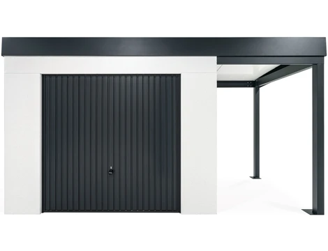 GARDEON® Gartenhaus mit sicherer Garagentür von Hörmann und überdachtem Bereich