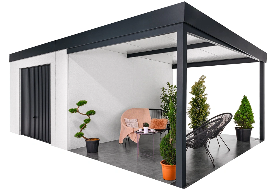 GARDEON® Gartenhaus mit sicherer Garagentür von Hörmann und überdachtem Bereich