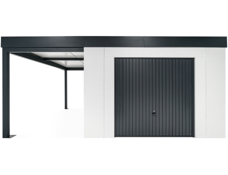 GARDEON® Gartenhaus mit sicherer Garagentür von Hörmann und überdachtem Bereich GARDEON® Gartenhaus mit sicherer Garagentür von Hörmann und überdachtem Bereich