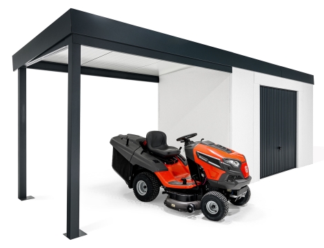 GARDEON® Gartenhaus mit sicherer Garagentür von Hörmann und überdachtem Bereich