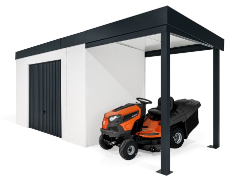 GARDEON® Gartenhaus mit sicherer Garagentür von Hörmann und überdachtem Bereich