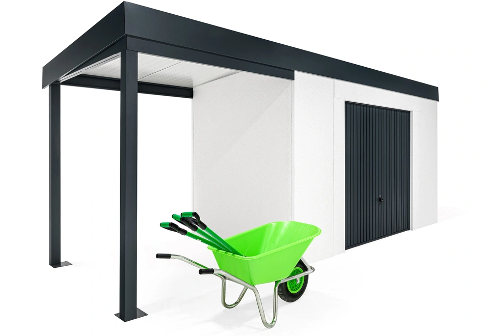 GARDEON® Gartenhaus mit sicherer Garagentür von Hörmann und überdachtem Bereich