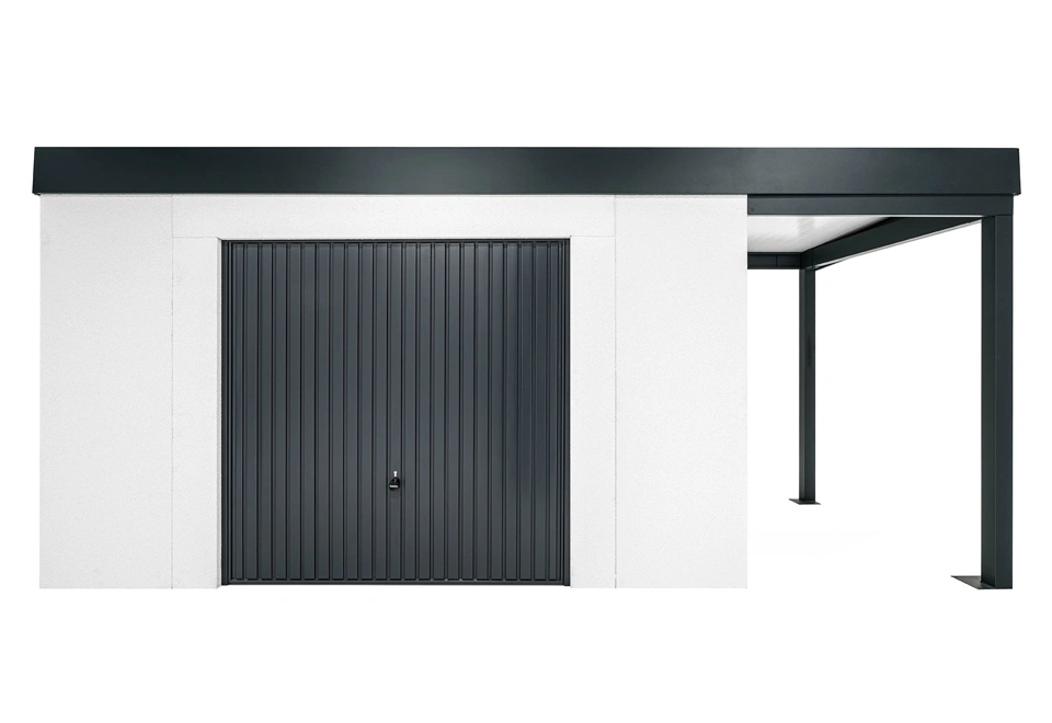 GARDEON® Gartenhaus mit sicherer Garagentür von Hörmann und überdachtem Bereich