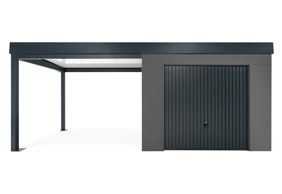 GARDEON® Gartenhaus mit sicherer Garagentür von Hörmann und überdachtem Bereich