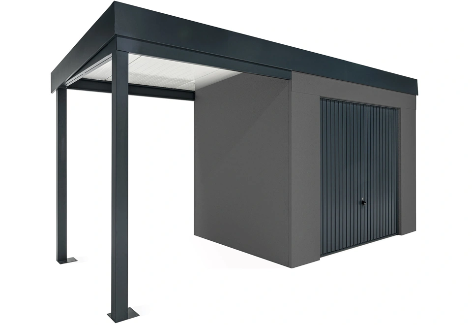 GARDEON® Gartenhaus mit sicherer Garagentür von Hörmann und überdachtem Bereich