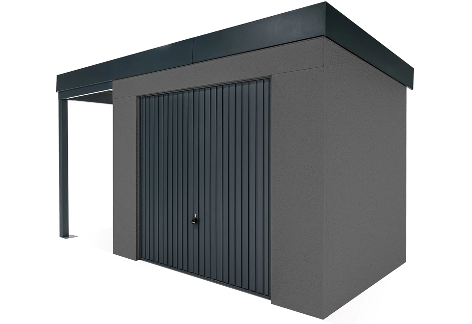 GARDEON® Gartenhaus mit sicherer Garagentür von Hörmann und überdachtem Bereich
