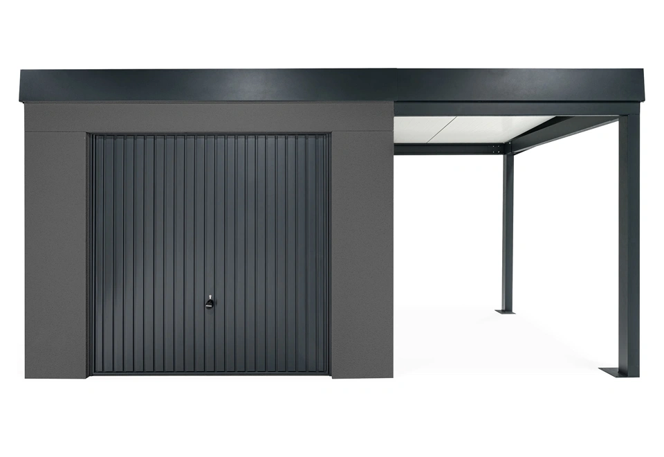 GARDEON® Gartenhaus mit sicherer Garagentür von Hörmann und überdachtem Bereich