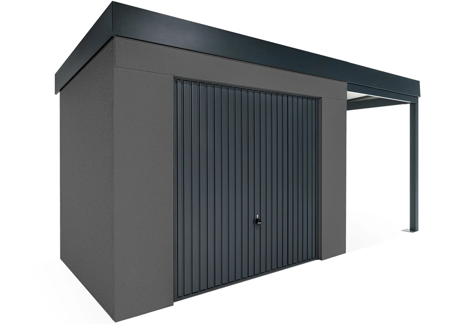 GARDEON® Gartenhaus mit sicherer Garagentür von Hörmann und überdachtem Bereich