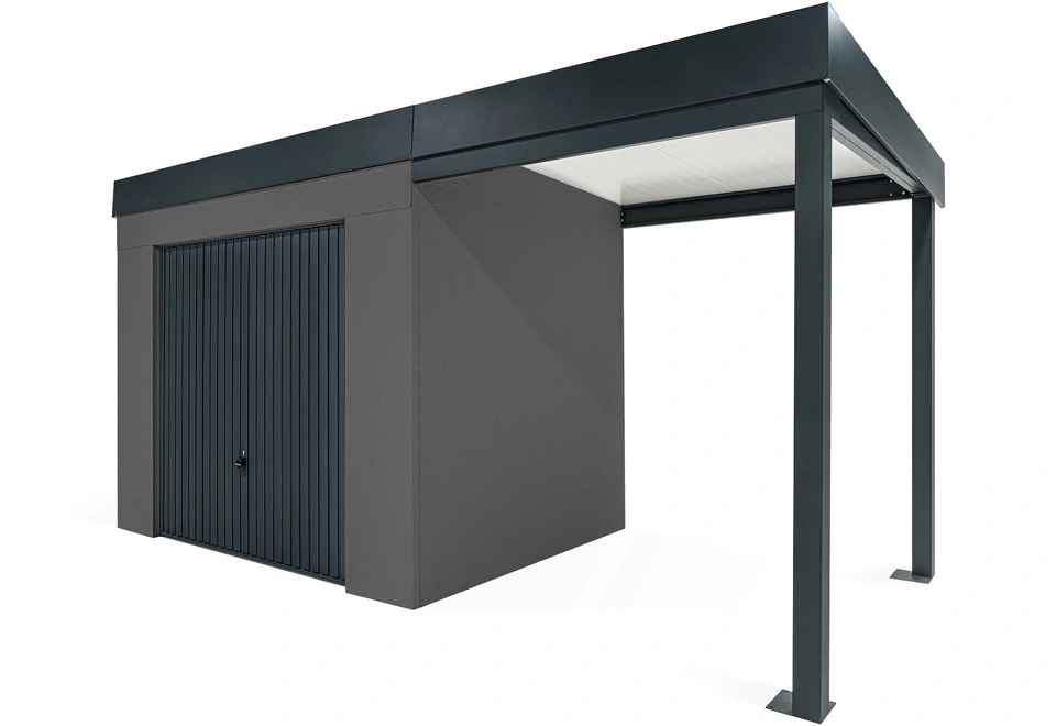 GARDEON® Gartenhaus mit sicherer Garagentür von Hörmann und überdachtem Bereich