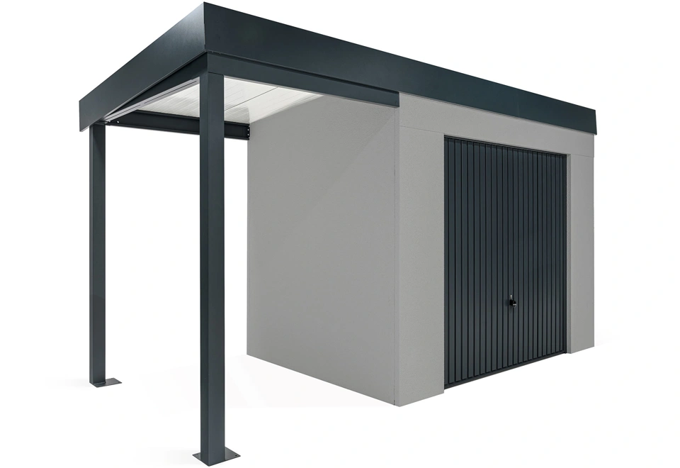 GARDEON® Gartenhaus mit sicherer Garagentür von Hörmann und überdachtem Bereich