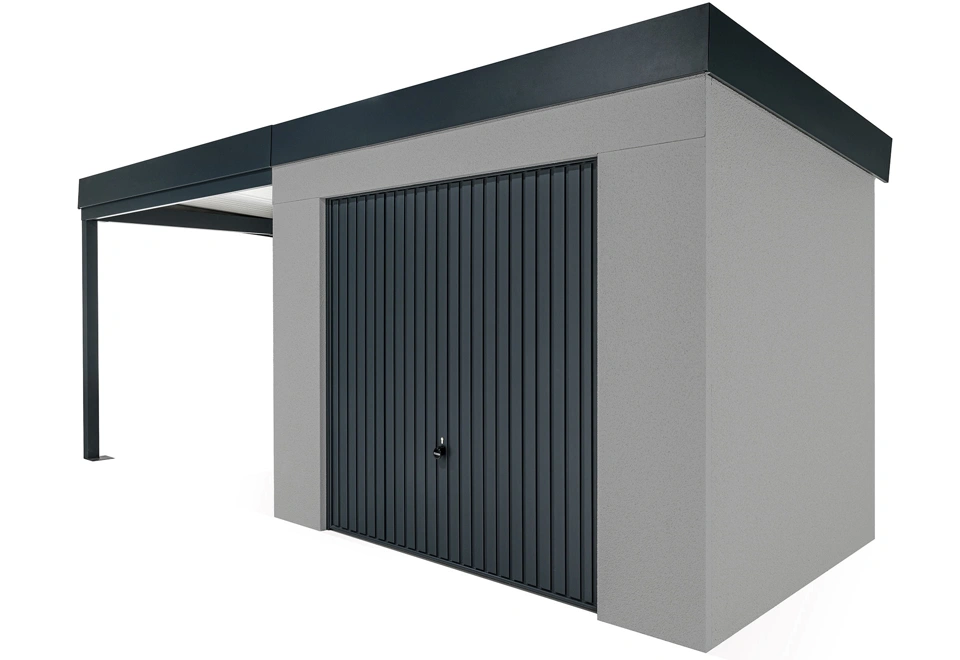 GARDEON® Gartenhaus mit sicherer Garagentür von Hörmann und überdachtem Bereich