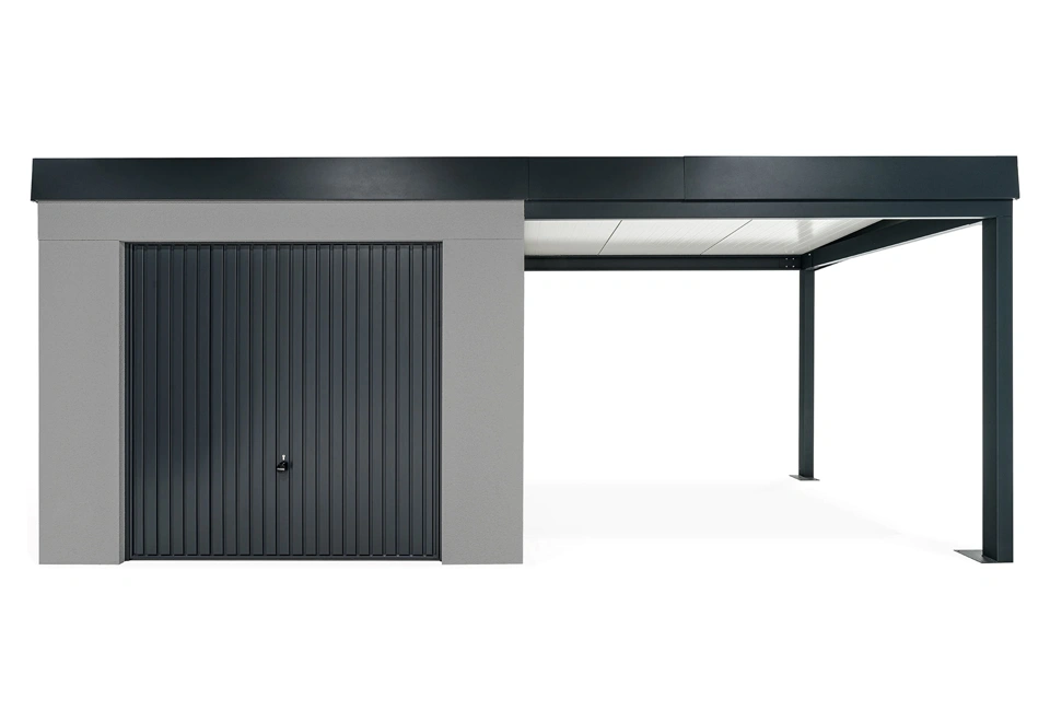 GARDEON® Gartenhaus mit sicherer Garagentür von Hörmann und überdachtem Bereich