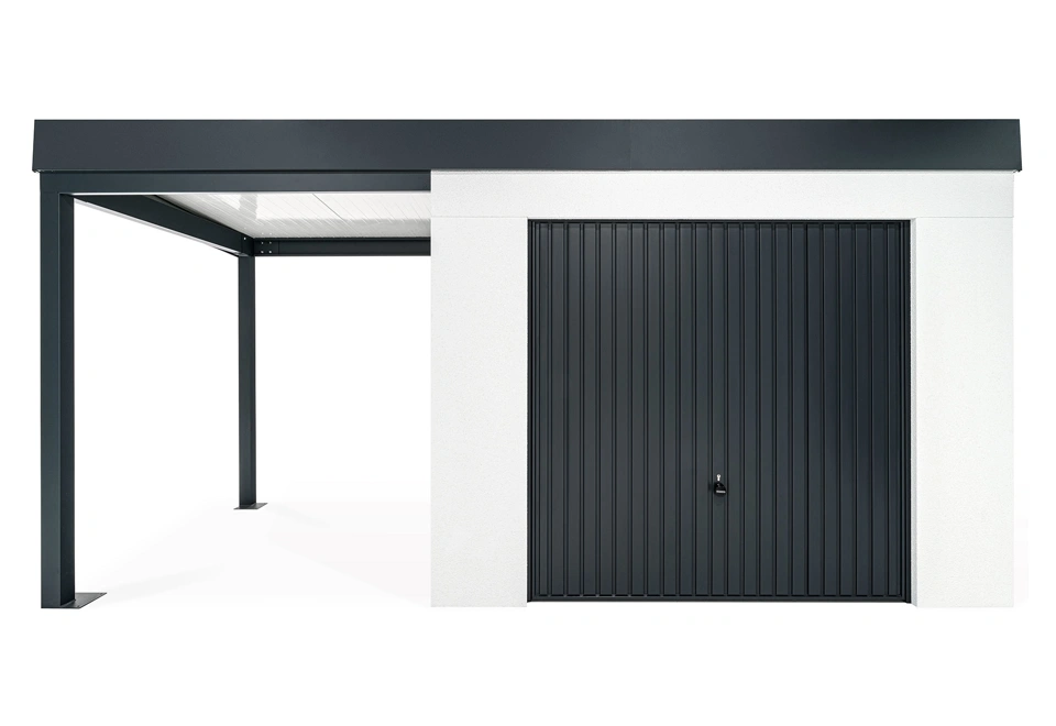 GARDEON® Gartenhaus mit sicherer Garagentür von Hörmann und überdachtem Bereich