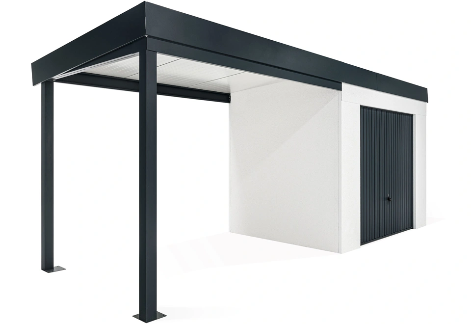 GARDEON® Gartenhaus mit sicherer Garagentür von Hörmann und überdachtem Bereich