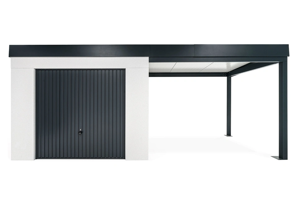 GARDEON® Gartenhaus mit sicherer Garagentür von Hörmann und überdachtem Bereich