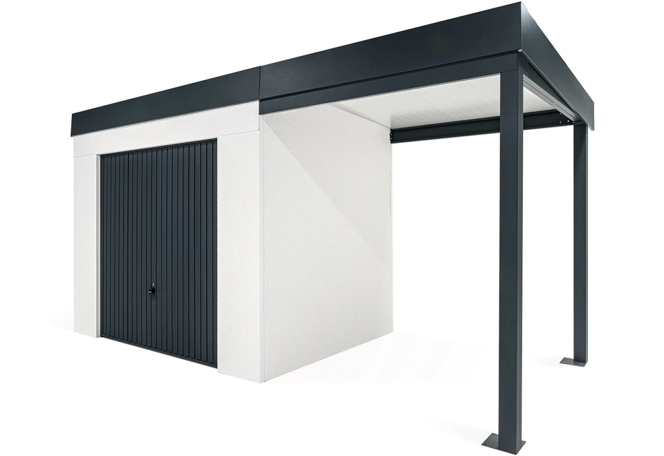 GARDEON® Gartenhaus mit sicherer Garagentür von Hörmann und überdachtem Bereich