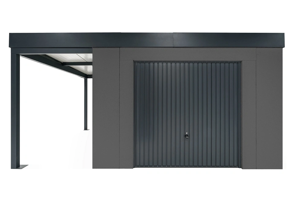 GARDEON® Gartenhaus mit sicherer Garagentür von Hörmann und überdachtem Bereich