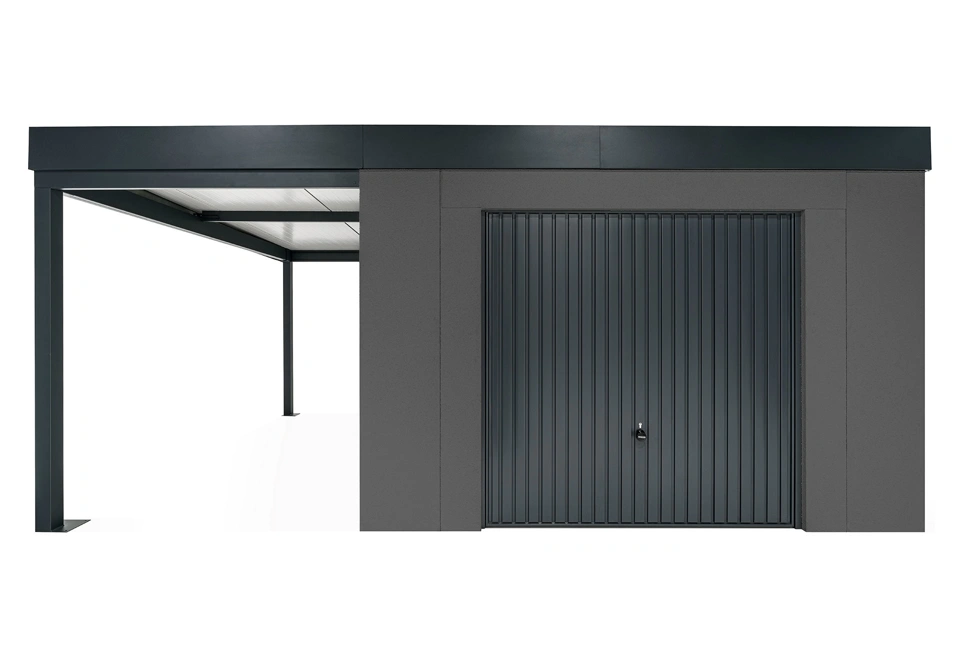 GARDEON® Gartenhaus mit sicherer Garagentür von Hörmann und überdachtem Bereich