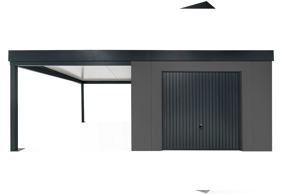 GARDEON® Gartenhaus mit sicherer Garagentür von Hörmann und überdachtem Bereich